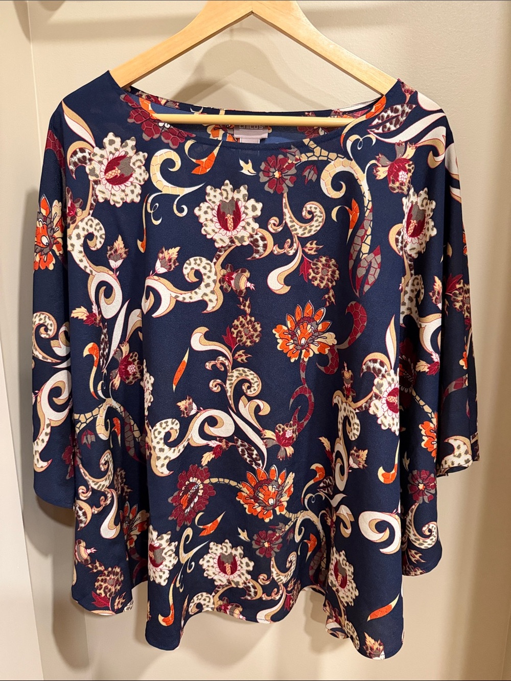 Chico's Navy Floral Paisley Boatneck Tunic